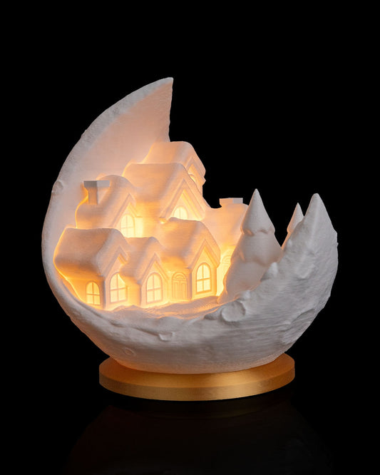 Winter Village Scene on the Moon – Table Lamp | 3D Printed | Flameless Tea Light Included