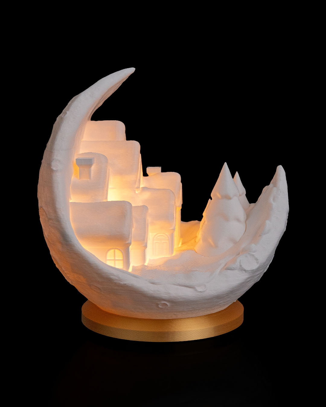 Winter Village Scene on the Moon – Table Lamp | 3D Printed | Flameless Tea Light Included