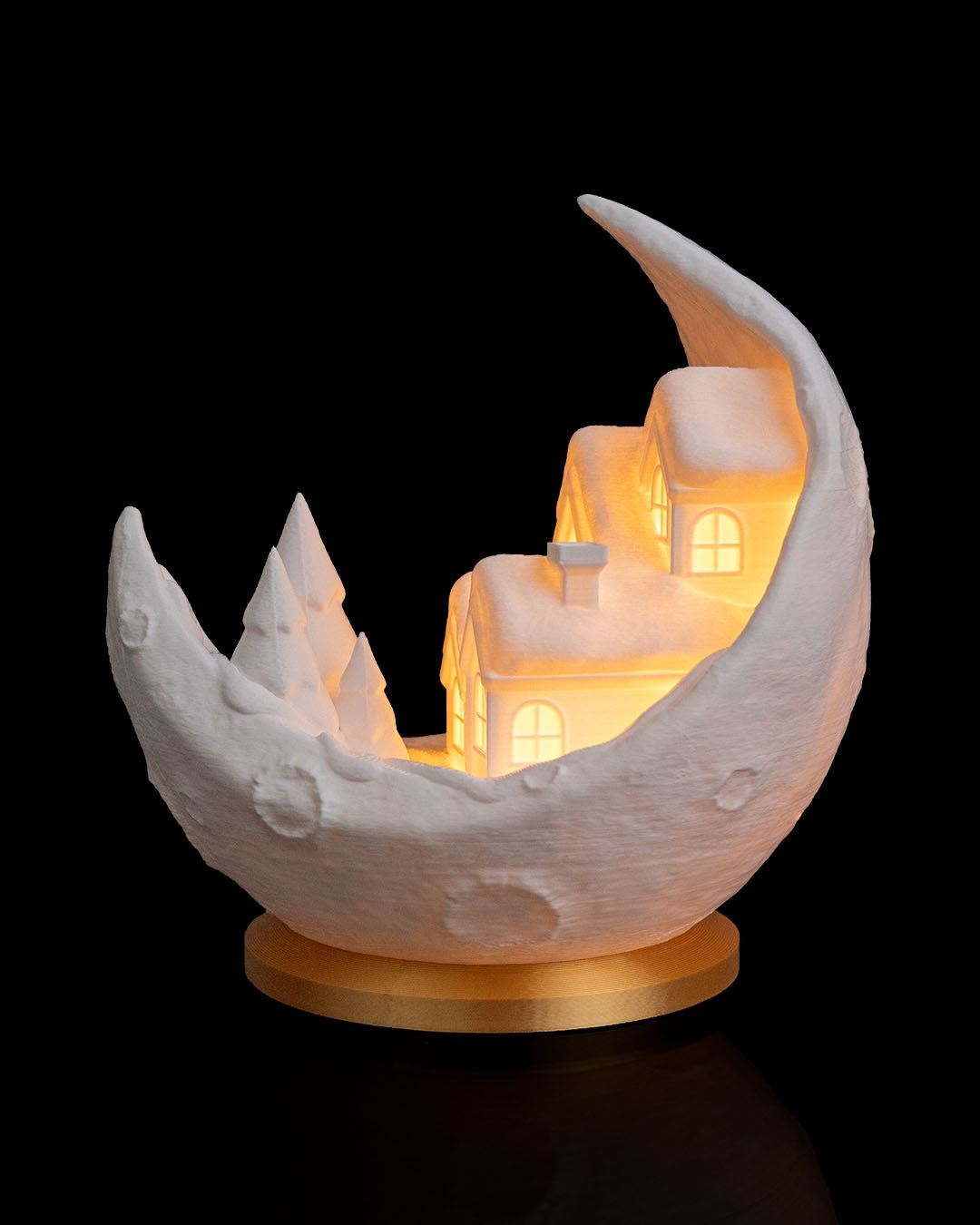 Winter Village Scene on the Moon – Table Lamp | 3D Printed | Flameless Tea Light Included
