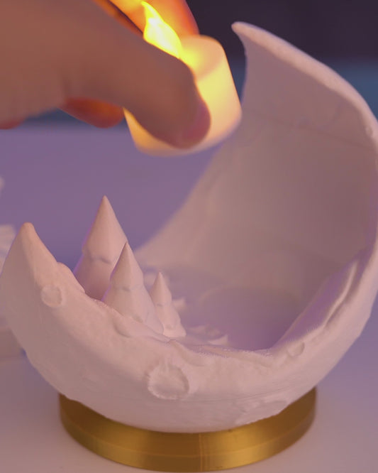 Winter Village Scene on the Moon – Table Lamp | 3D Printed | Flameless Tea Light Included